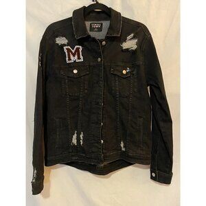 Tinsel Town distressed black denim jean jacket Small “M” Patch Right Chest